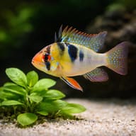 Asia Form Ram Cichlid with black patches and blue spots above a leafy aquarium plant - view 4
