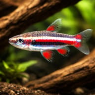 Illustration of a Dwarf Pencilfish with dark horizontal stripes and red fins beside aquarium plants - view 1