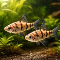 Shoal view of Eirmotus octozona Eight-Banded Barb in planted cover — representative image - view 2