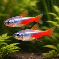 Pair of Diamond Neon Tetras schooling above aquarium plants - view 2