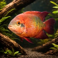 Emerald / Chocolate Cichlid (Hypselecara temporalis) in driftwood aquarium - view 1
