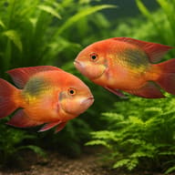 Emerald / Chocolate Cichlid (Hypselecara temporalis) pair-style planted aquarium scene - view 2