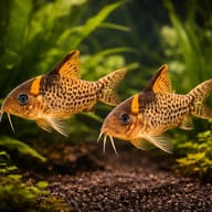 Group of Delphax Cory catfish resting together in a planted aquarium — reference view - view 2
