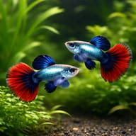 Two blue-and-red male guppies in a planted aquarium — representative illustration; sold per fish - view 2