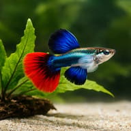 Blue-and-red Dumbo Ear male guppy near plants — representative illustration; colour may vary - view 4