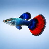 Blue-and-red male guppy side profile — representative illustration; mixed colour selected at random - view 3