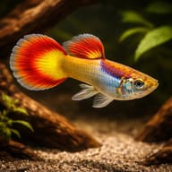 Yellow Mix Male Guppy with a blue-gold body and broad red-and-yellow tail beside wood and green plants - view 1