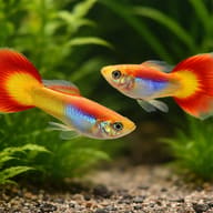 Two Yellow Mix Male Guppies with bright red-and-yellow tails among green plants - view 2