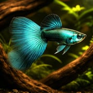 Blue Moscow male fancy guppy with broad turquoise fins swimming among dark wood and plants - view 1