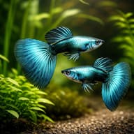 Two Blue Moscow male guppies with blue-green fan tails above gravel and green plants - view 2