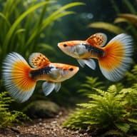 Two fancy guppies with orange tails and dark body markings in a planted aquarium - view 2