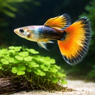 Fancy guppy with an orange fan tail above small green plants and pale substrate - view 4