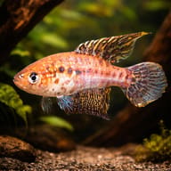 Featherfin Pearlfish (Simpsonichthys constanciae) male in a shaded annual-killifish setup — driftwood view - view 1