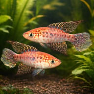 Featherfin Pearlfish (Simpsonichthys constanciae) pair with floating cover — planted view - view 2