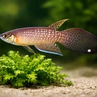 Featherfin Panchax (Pterolebias longipinnis) size reference beside aquarium plants — representative image - view 4