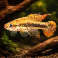 Black-Band Fighting Gaucho in a shaded annual-killifish setup — driftwood view - view 1