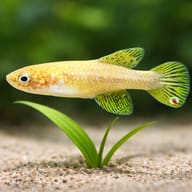 Fighting Gaucho (Cynopoecilus melanotaenia) size reference beside aquarium plants — representative image - view 4