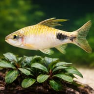 Filament Barb / Black-Spot Barb — Filament Barb size reference beside aquarium plants — representative image - view 4