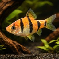 Representative Five-Banded Barb illustration in a planted driftwood aquarium - view 1