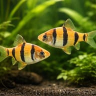 Representative group of Five-Banded Barbs in a planted aquarium - view 2