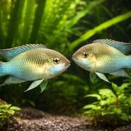 Flag Acara (Laetacara curviceps) — Representative digital illustration of two Flag Acaras in a planted aquarium - view 2