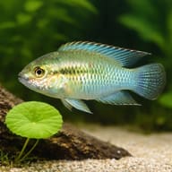 Representative digital illustration of Flag Acara (Laetacara curviceps) beside aquarium plants for scale context - view 4