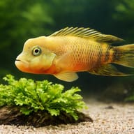 Lionhead / Buffalohead Cichlid (Steatocranus casuarius) scale and plant detail - view 4