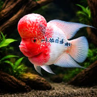 Red-and-white Flowerhorn Cichlid swimming among green plants and dark wood - view 1