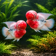 Two red-and-white Flowerhorn Cichlids facing each other in a planted aquarium - view 2