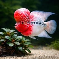Red-and-white Flowerhorn Cichlid swimming above gravel beside green plants - view 4