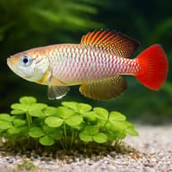 Foersch's Nothobranch (Nothobranchius foerschi) size reference beside aquarium plants — representative image - view 4