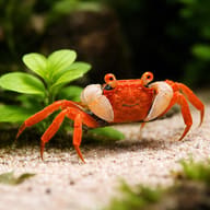 Crab (Geosesarma sp.red carnaval) close view beside an aquarium plant - view 4