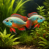 Two Dwarf Egyptian Mouthbrooders swimming through a planted aquarium - view 2