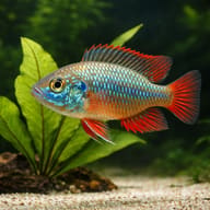 Dwarf Egyptian Mouthbrooder beside broad-leaved aquarium plants and rock cover - view 4