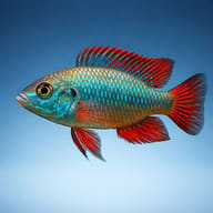 Side profile of a Dwarf Egyptian Mouthbrooder showing its compact cichlid body and patterned fins - view 3
