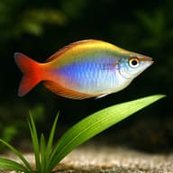 Highlands Rainbowfish (Chilatherina campsi) close view showing orange tail and iridescent body — representative image - view 4