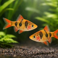Rhombo Barb shoal in planted blackwater aquarium (Desmopuntius rhomboocellatus) — representative image - view 2