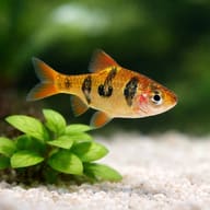 Rhombo Barb with plants for scale (Desmopuntius rhomboocellatus) — representative image - view 4