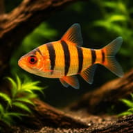 Sixbanded Barb (Desmopuntius hexazona) showing vertical bands in a planted aquarium — representative image - view 1