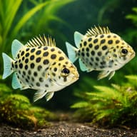 Two Spotted Scat (Scatophagus argus) swimming among green plants above dark gravel - view 2