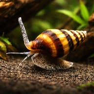 Assassin snail (Anentome helena) with a yellow and dark brown banded shell crawling over dark aquarium gravel - view 1