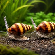 Two banded assassin snails gliding side by side over fine dark gravel in front of green plants - view 2