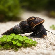 Illustrative Black Antenna Rabbit Snail beside aquarium plants — representative image - view 4
