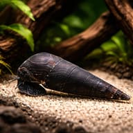 Devil's Thorn Snail (Faunus ater) close view beside an aquarium plant - view 1