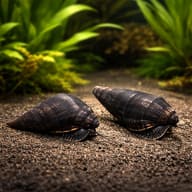 Devil's Thorn Snail (Faunus ater) pair in a planted aquarium - view 2