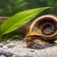 Giant Ramshorn Snail (Marisa cornuarietis) close view beside an aquarium plant - view 4
