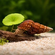 Giant Tower Cap Snail (Brotia herculea) close view beside an aquarium plant - view 4
