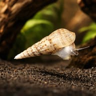 Malaysian Trumpet Snail with a mottled cone-shaped shell over dark substrate - view 1