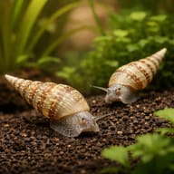 Two Malaysian Trumpet Snails crawling over dark gravel among green plants - view 2
