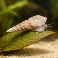 Malaysian Trumpet Snail resting on a broad green leaf above pale sand - view 4